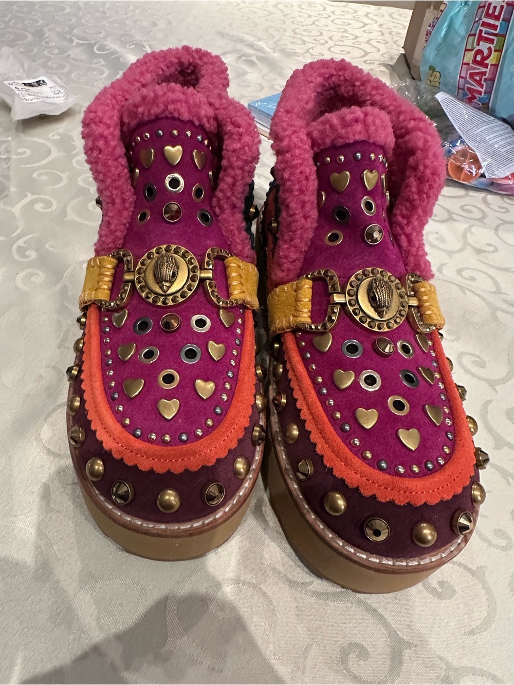 Fuchsia Pink Embellished Shearling-Trim Clog Mules Kurt Geiger